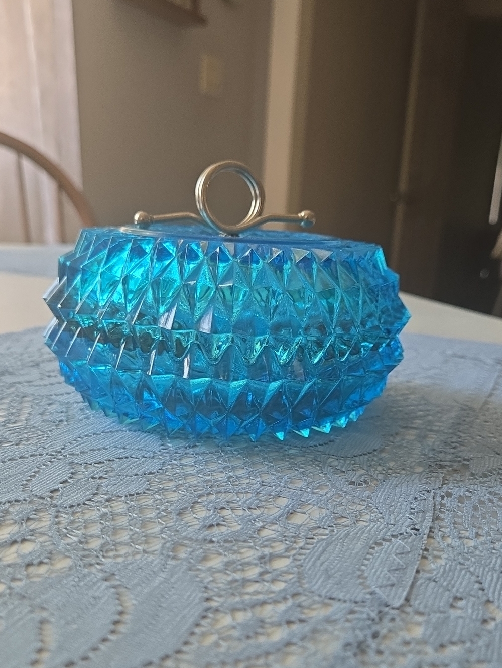 Indiana Glass Blue Textured Glass Trinket Box with Metal Handle